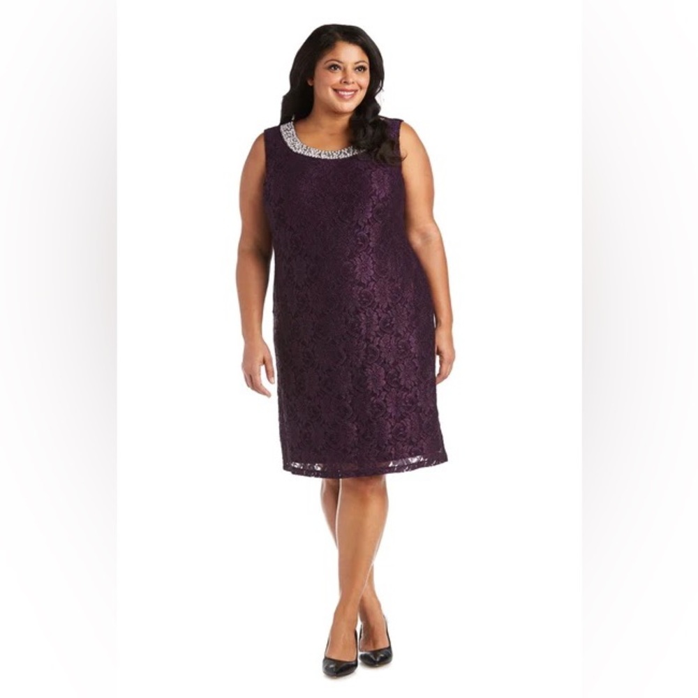 R&M Richards Plum Floral Lace Beaded Neckline Cocktail Dress Size 18W